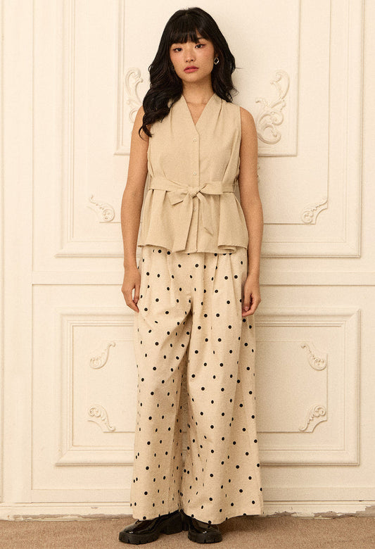 Pleated Peplum Blouse with Polka Dot Wide-Leg Pants Set