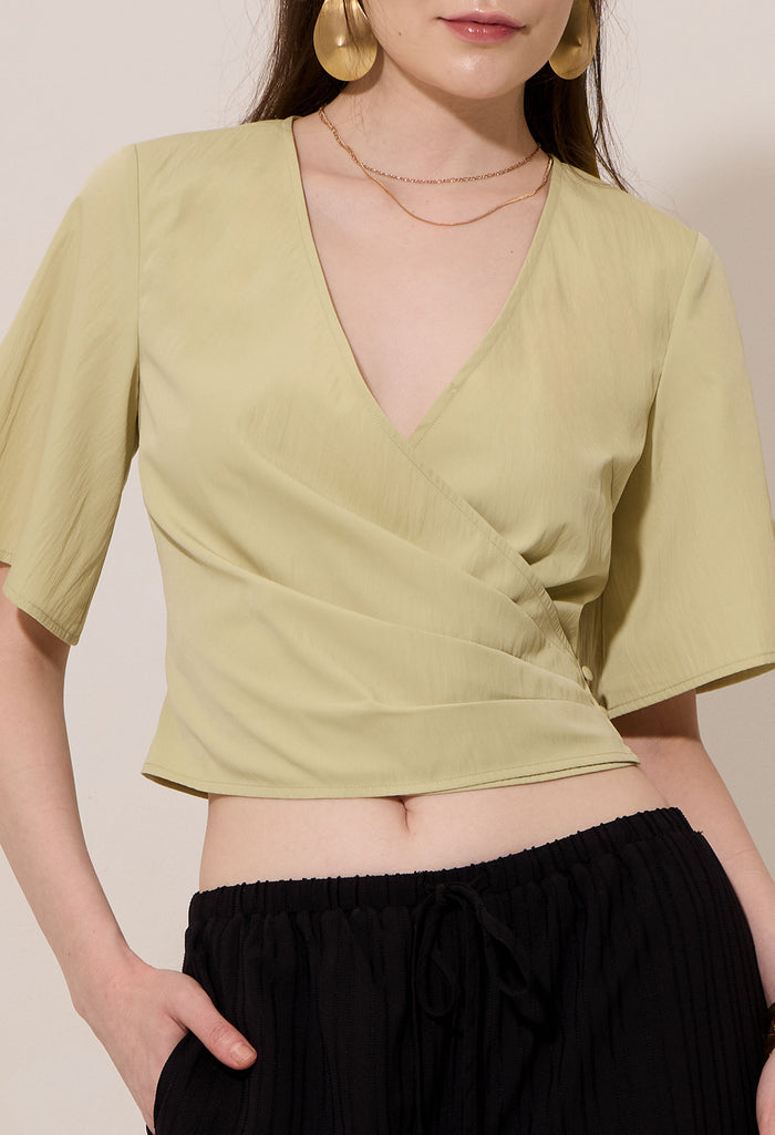 Pleated Surplice Faux Wrap Crop Top