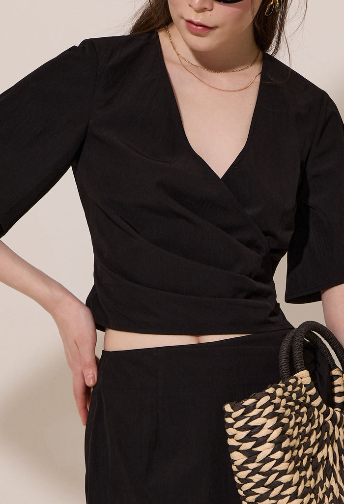 Pleated Surplice Faux Wrap Crop Top
