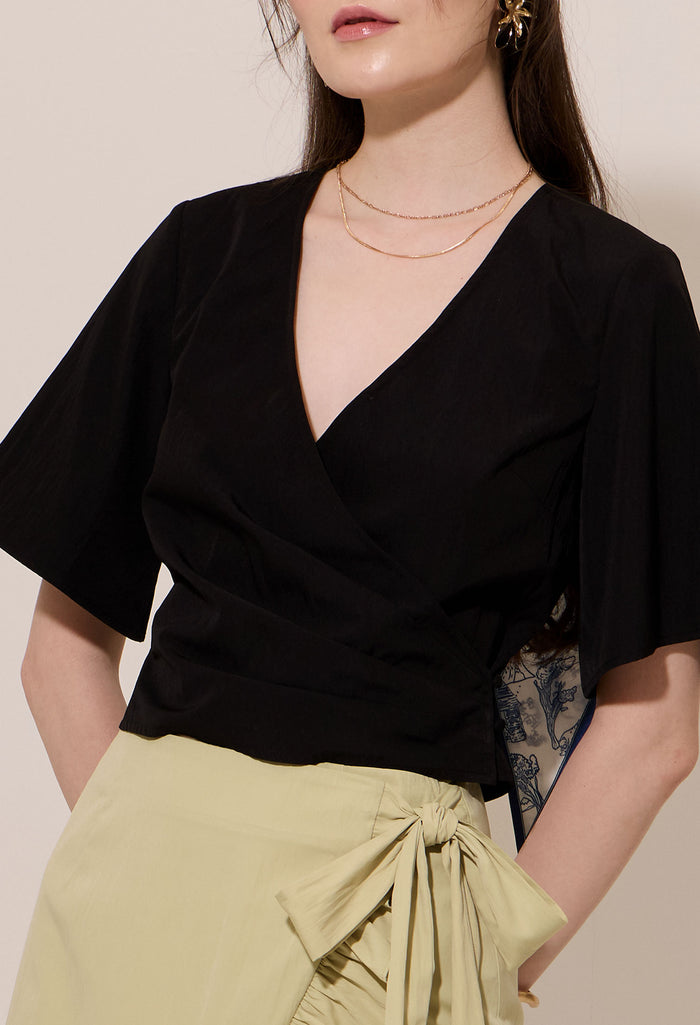Pleated Surplice Faux Wrap Crop Top