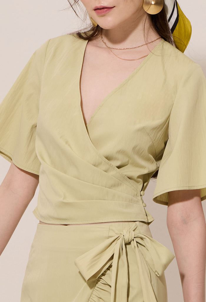 Pleated Surplice Faux Wrap Crop Top