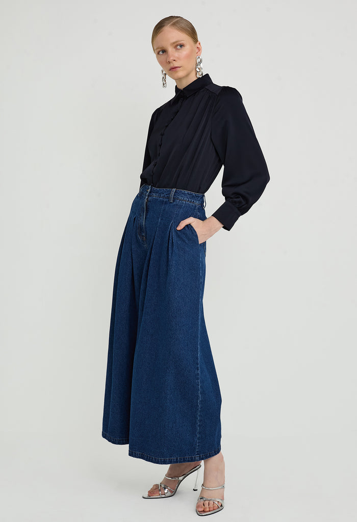 Pleated Wide Leg Denim Trousers