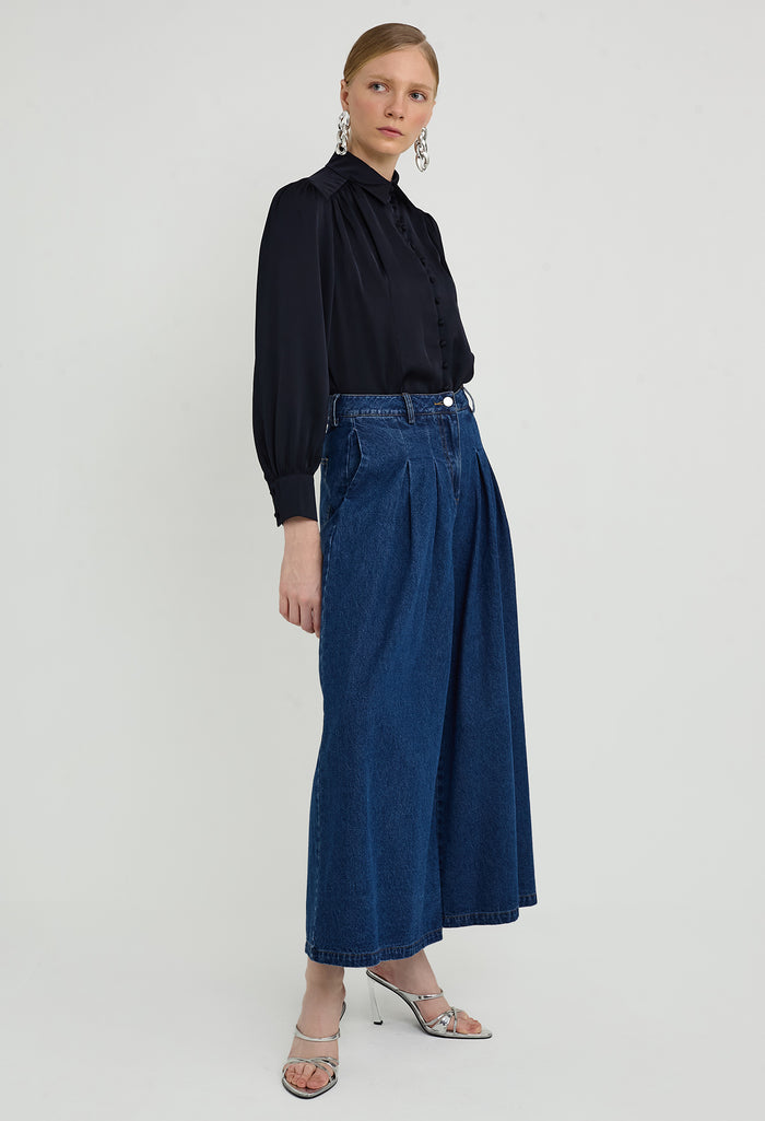 Pleated Wide Leg Denim Trousers