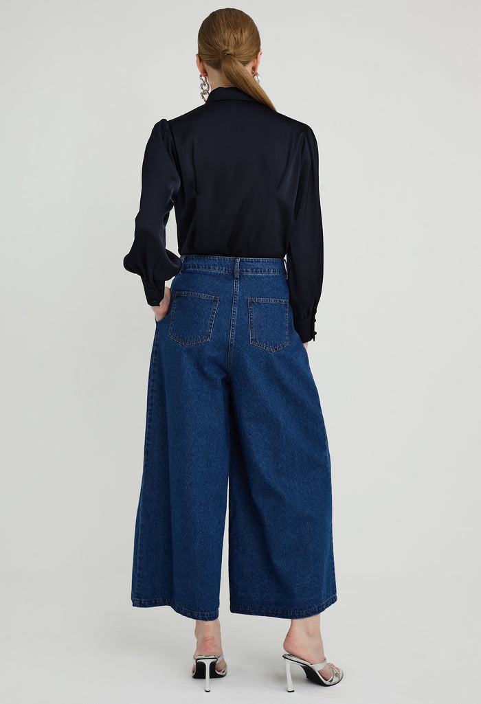 Pleated Wide Leg Denim Trousers