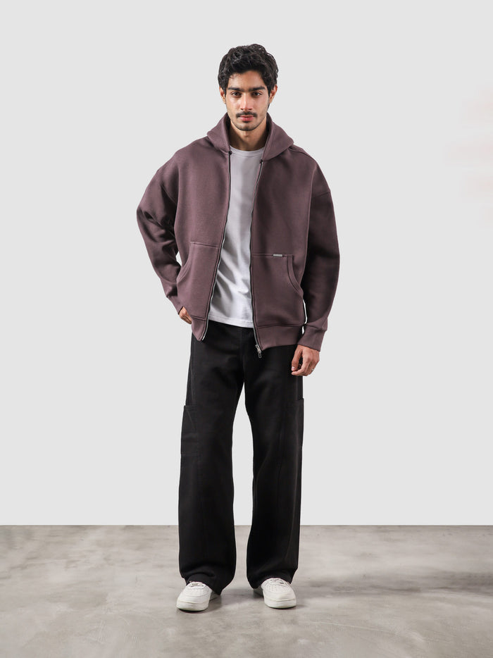 Plum essential zipper hoodie male model full body front view Pakistan – GROOVY