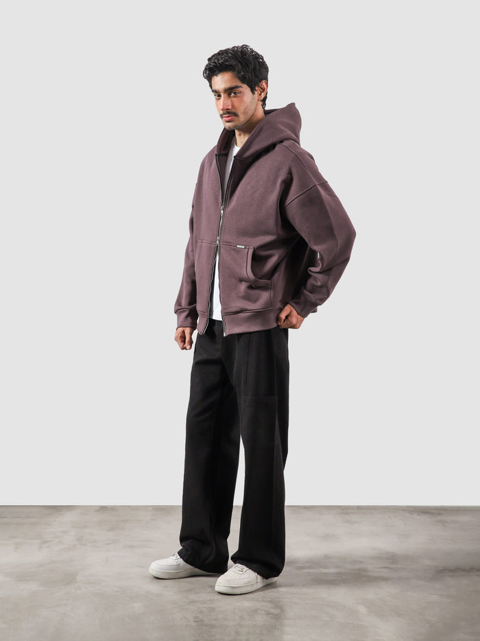 Plum essential zipper hoodie male model back view relaxed fit Pakistan – GROOVY