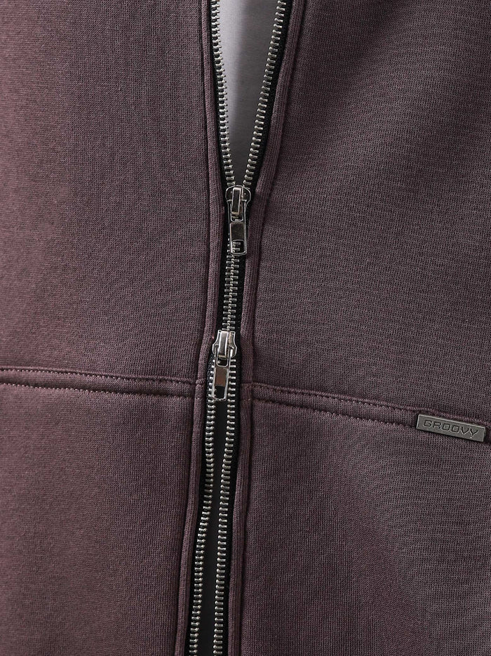 Plum essential zipper hoodie detail closeup zip front fabric Pakistan – GROOVY