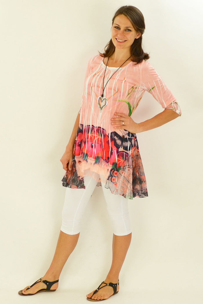 David Jessie Poppies and Butterflies Tunic featuring colorful floral and butterfly patterns on lightweight fabric.