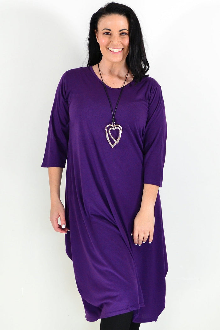Purple Lilia Whispers oversized tunic dress with relaxed fit, soft fabric and stylish long sleeves, perfect for casual wear.