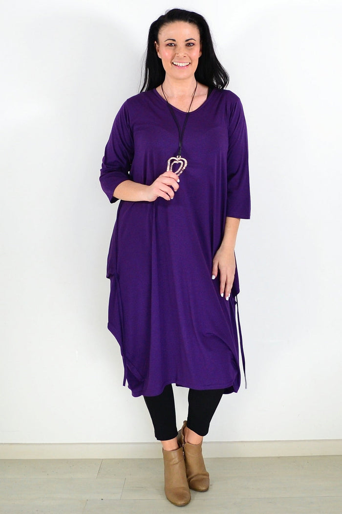 Purple relaxed oversized tunic dress by Lilia Whispers, featuring a loose fit and casual style, shown on a model.