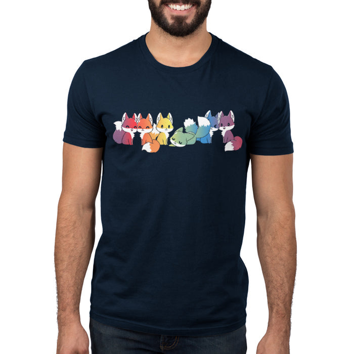 Premium Cotton T-shirt_TeeTurtle navy blue Rainbow Foxes features an illustration of seven cartoon foxes in a line, each in a different color: red, orange, yellow, green, blue, indigo, and purple against a dark background.