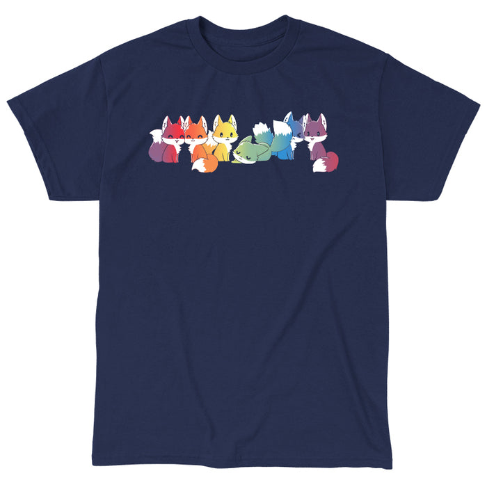 Classic Cotton T-shirt_TeeTurtle navy blue Rainbow Foxes features an illustration of seven cartoon foxes in a line, each in a different color: red, orange, yellow, green, blue, indigo, and purple against a dark background.