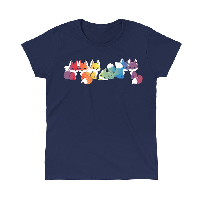 Classic Cotton T-shirt_TeeTurtle navy blue Rainbow Foxes features an illustration of seven cartoon foxes in a line, each in a different color: red, orange, yellow, green, blue, indigo, and purple against a dark background.