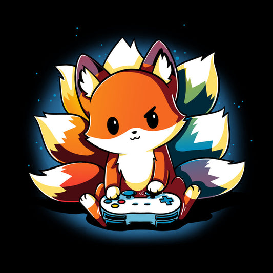 Premium Cotton T-shirt_TeeTurtle black  Rainbow Gamer featuring a kitsune with rainbow tails playing video games
