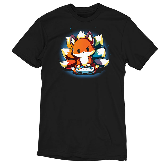 Premium Cotton T-shirt_TeeTurtle black  Rainbow Gamer featuring a kitsune with rainbow tails playing video games