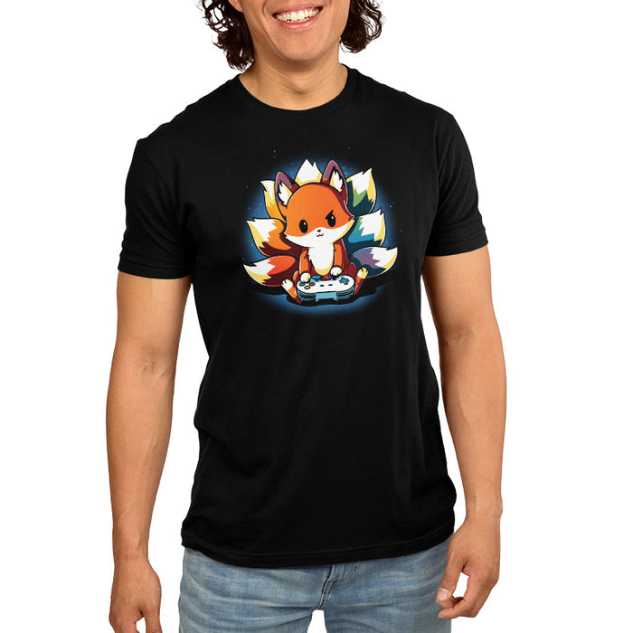 Premium Cotton T-shirt_TeeTurtle black  Rainbow Gamer featuring a kitsune with rainbow tails playing video games