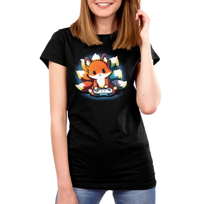 Premium Cotton T-shirt_TeeTurtle black  Rainbow Gamer featuring a kitsune with rainbow tails playing video games