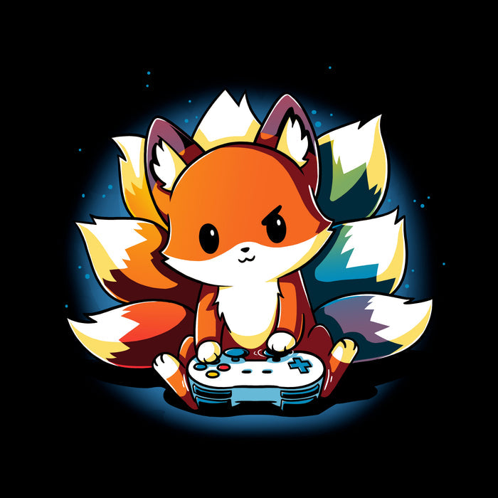 Classic Cotton T-shirt_TeeTurtle black  Rainbow Gamer featuring a kitsune with rainbow tails playing video games