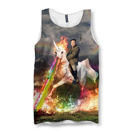 This surreal, photorealistic scene depicts a stoic political figure in military olive drab riding a rampant white unicorn. Contact us with accessibility feedback, we'd love to help!