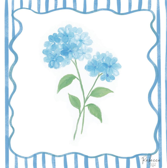 A square art print featuring a watercolor-style illustration of two light blue hydrangea flower blooms with green stems and leaves, centered within a white scalloped border framed by blue vertical stripes. The artist signature 'Rebecca' is visible in the bottom right corner.