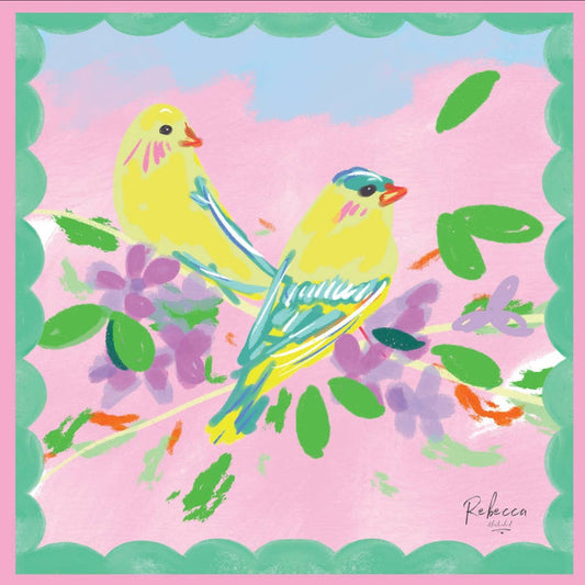 A square art print featuring a whimsical illustration of two yellow birds perched among green leaves and purple flowers on a pink background, framed by a scalloped green border. The artist's signature 'Rebecca' is visible in the bottom right corner.