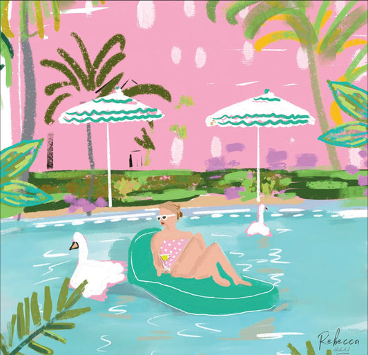 A colorful illustrated poolside scene with a woman lounging on a green float in a turquoise pool, surrounded by white swans, striped umbrellas, palm trees, and a pink sky. The artwork appears to be the product itself rather than a photo of a physical object in a room.