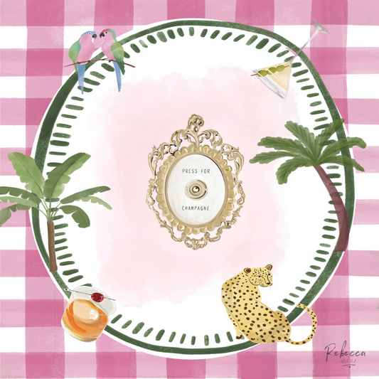 Decorative plate with palm trees, a leopard, and a cocktail on a pink checkered background