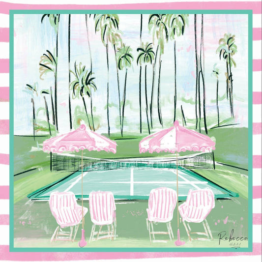 Illustration of a poolside scene with pink chairs, umbrellas, and palm trees on a striped background.