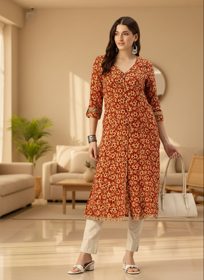 Red Floral Printed V-Neck Kurta, red kurta, kurtis, v neck kurta, A-line Kurta, A-line