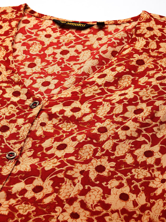 Red Floral Printed V-Neck Kurta, red kurta, kurtis, v neck kurta, A-line Kurta, A-line
