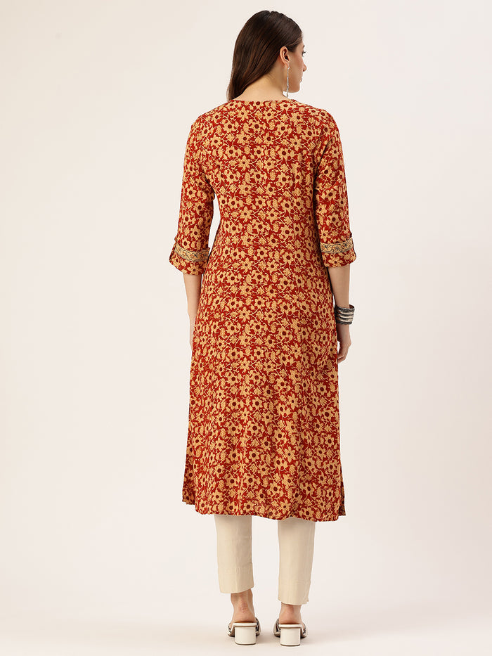 Red Floral Printed V-Neck Kurta, red kurta, kurtis, v neck kurta, A-line Kurta, A-line