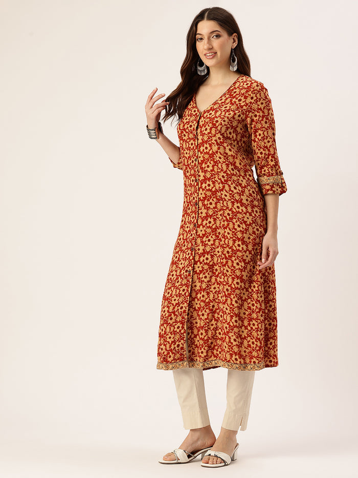 Red Floral Printed V-Neck Kurta, red kurta, kurtis, v neck kurta, A-line Kurta, A-line