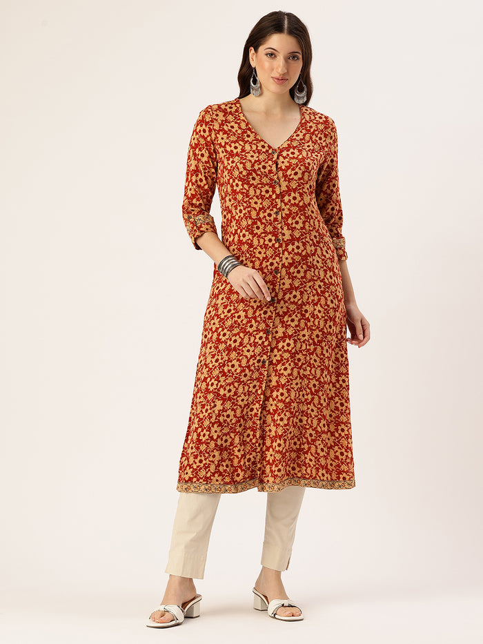 Red Floral Printed V-Neck Kurta, red kurta, kurtis, v neck kurta, A-line Kurta, A-line