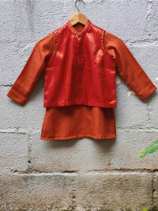 Red Kanchipuram silk coat with orange kota kurta
