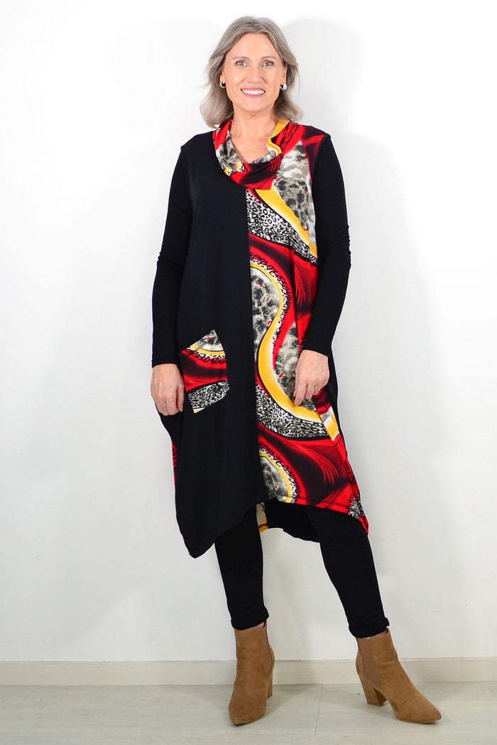 Red leopard print sleeveless tunic dress by Whispers, featuring a flowing fit and bold animal pattern.