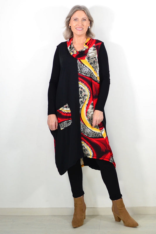 Red leopard print sleeveless tunic dress by Whispers, featuring a flowing fit and bold animal pattern.