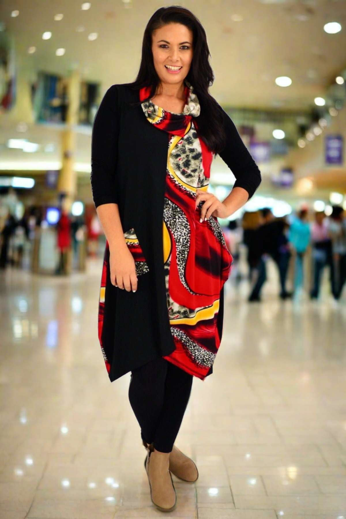 Red leopard print sleeveless tunic dress by Whispers, featuring a relaxed fit and stylish sleeveless design.