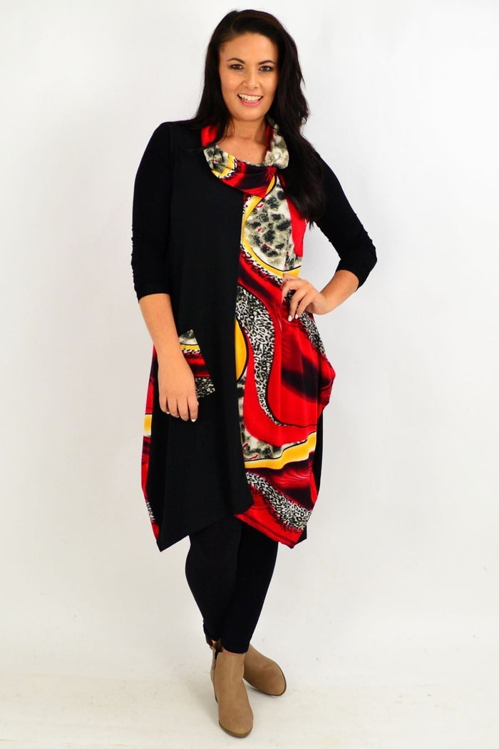 Red leopard print sleeveless tunic dress by Whispers, shown on a model with a relaxed fit and stylish scoop neckline.