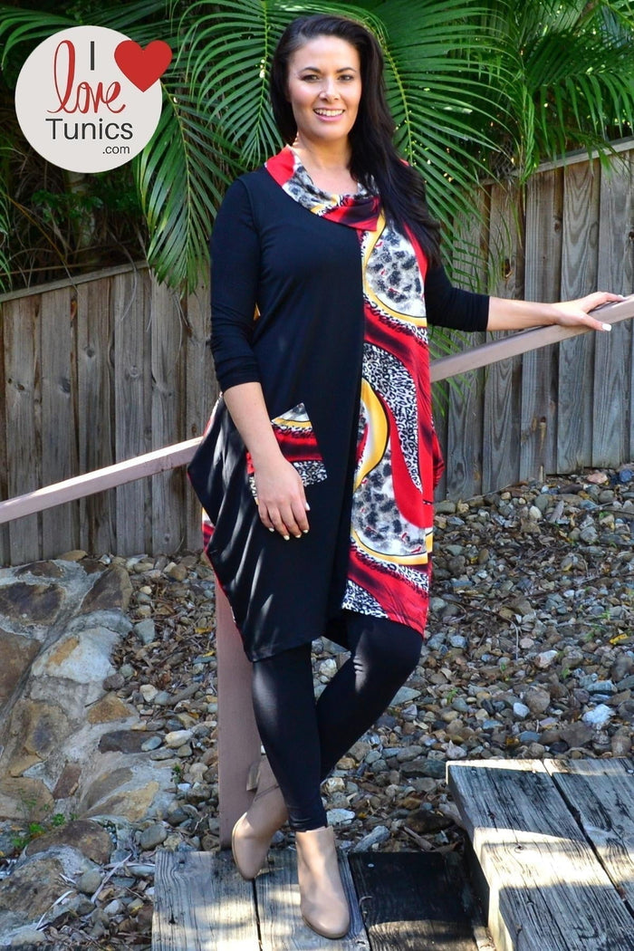 Red leopard print sleeveless tunic dress by Whispers, featuring a relaxed fit and bold animal pattern, displayed on a mannequin.