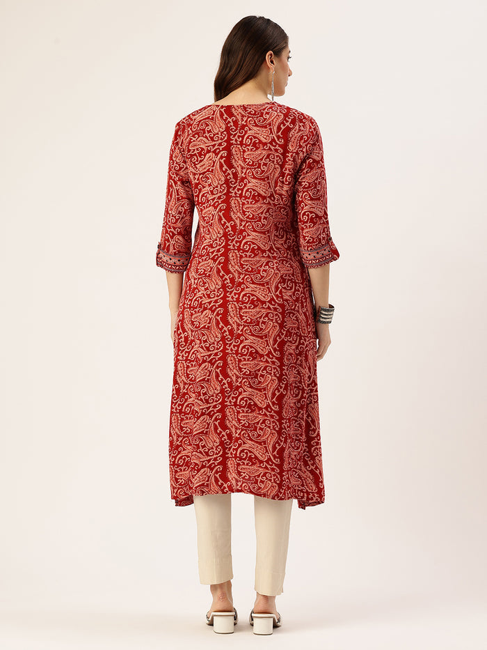 Red Paisley Printed V-Neck Kurta, kurta, kurtis, red kurta, v neck, A-line Kurta