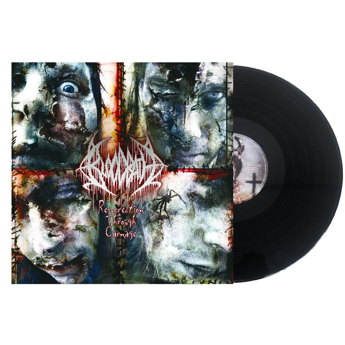 A vinyl record by Bloodbath, partially out of its sleeve, which displays distorted overlapping faces with intense expressions and branches. The album is titled Resurrection Through Carnage.
