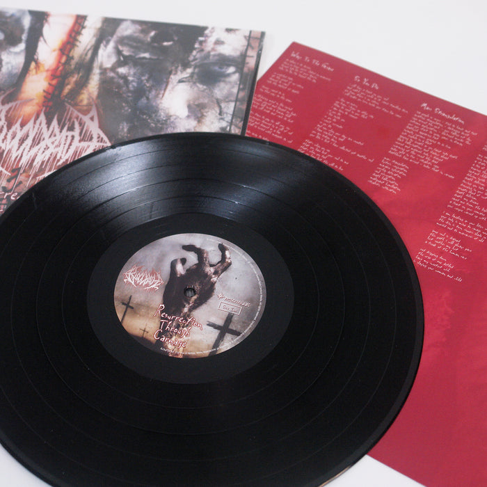 A black Bloodbath vinyl record with an illustrated label sits beside its album cover and a red lyric sheet, both displaying dark, abstract artwork and printed lyrics.