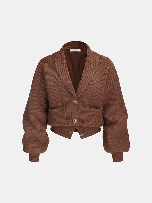 Ribbed Knit Cropped Shawl Collar Cardigan
