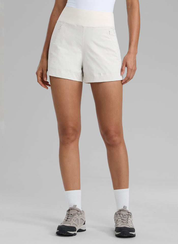 CRZ YOGA Women's Hiking Ripstop Mid-Rise Hiking Shorts Zip Pockets 4'' Milky White