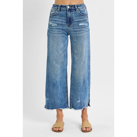 Risen - High Rise, Crop Wide Leg, Side Slit w Fray Hem Jeans 5590 - Medium Blue