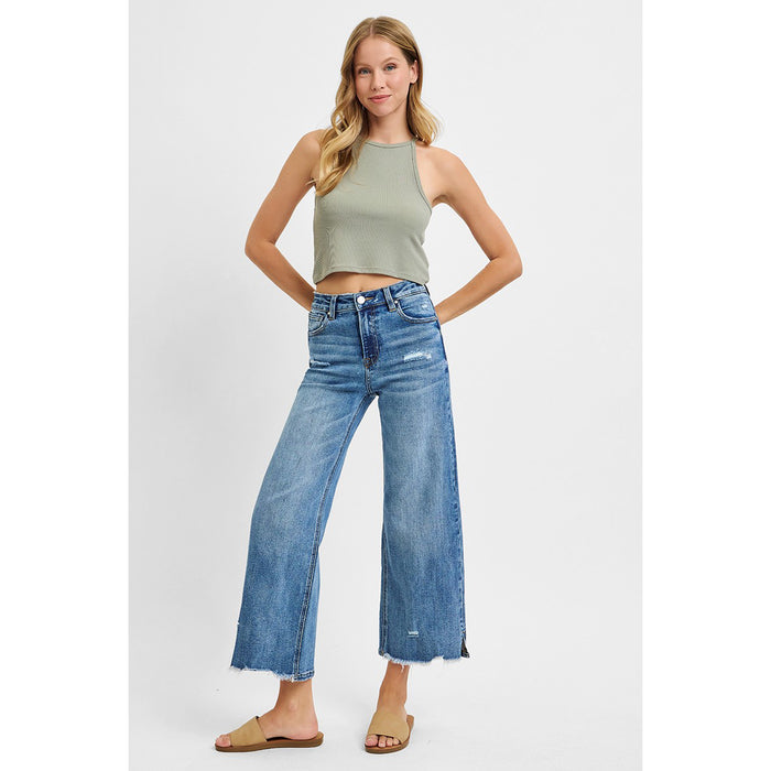 Risen - High Rise, Crop Wide Leg, Side Slit w Fray Hem Jeans 5590 - Medium Blue