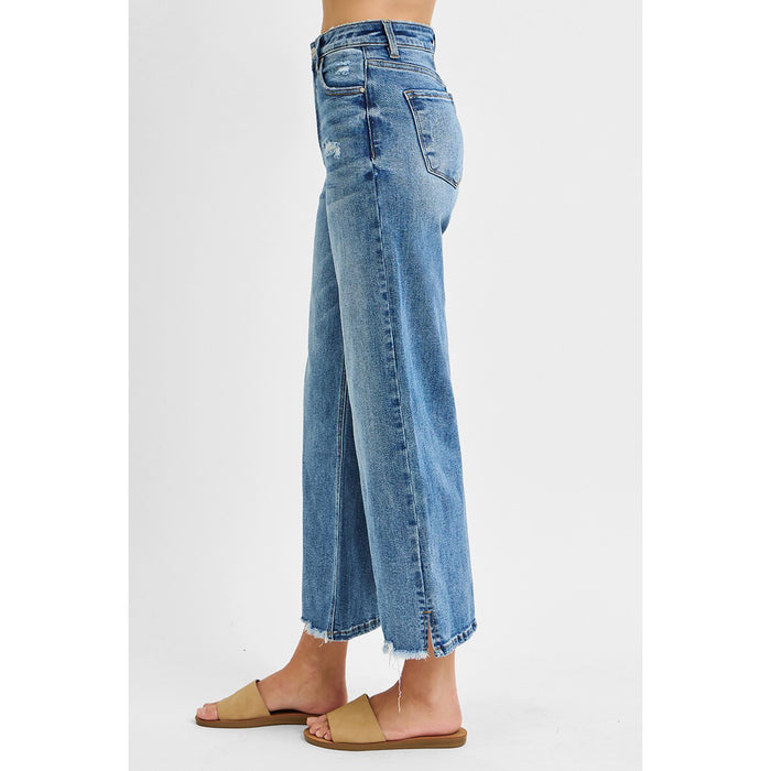 Risen - High Rise, Crop Wide Leg, Side Slit w Fray Hem Jeans 5590 - Medium Blue