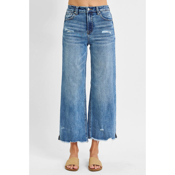 Risen - High Rise, Crop Wide Leg, Side Slit w Fray Hem Jeans 5590 - Medium Blue