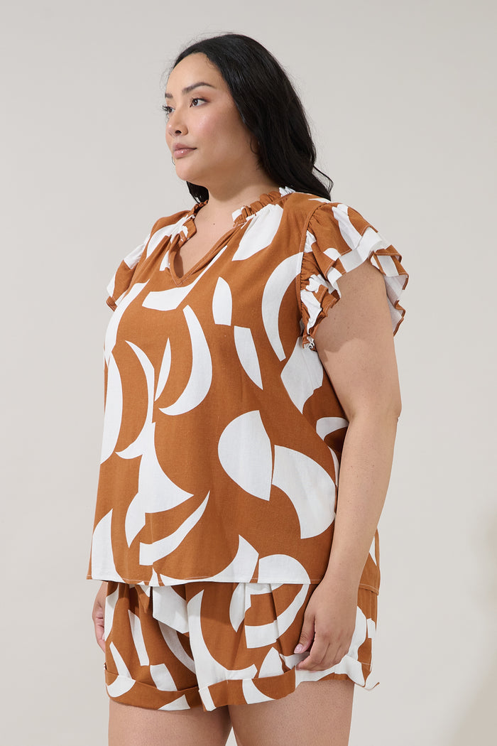 Risette Ruffle Split Neck Top Abstract Curve