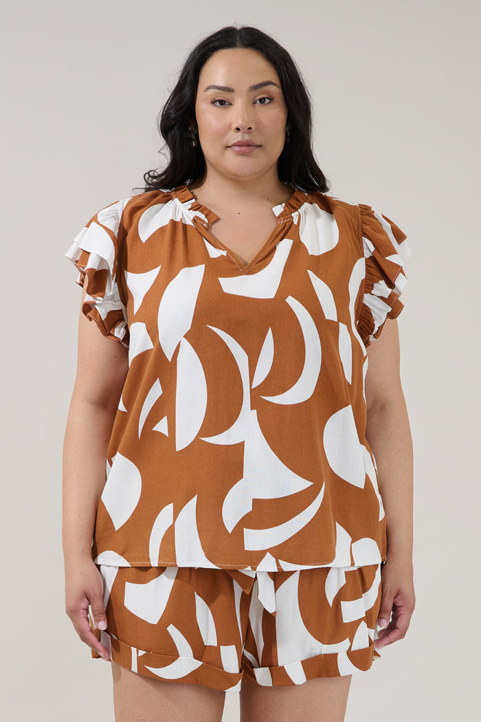 Risette Ruffle Split Neck Top Abstract Curve